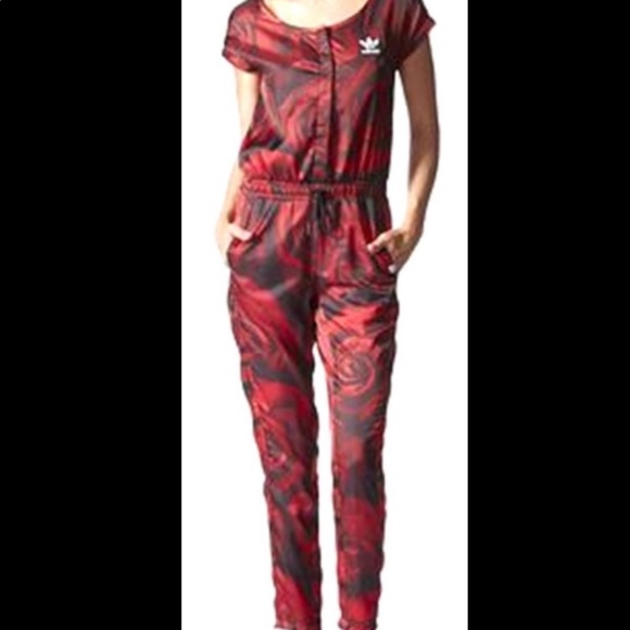 ADIDAS Red Clash Roses Pattern Women Jumpsuit - Picture 1 of 3